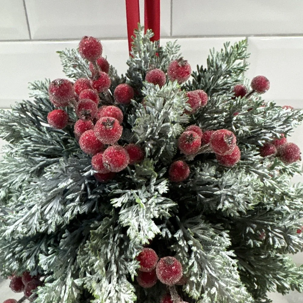 Martha Stewart HANGING TOPIARY KISSING PLANT BALL Winter Fern PIP Berries 8